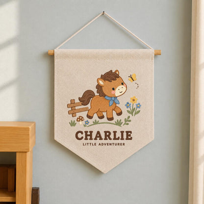 Personalized Charlie Horse Banner, Cute Little Adventurer Embroidered Nursery Wall Hanging, Farmhouse Baby Boy Room Decor, Equestrian Gift
