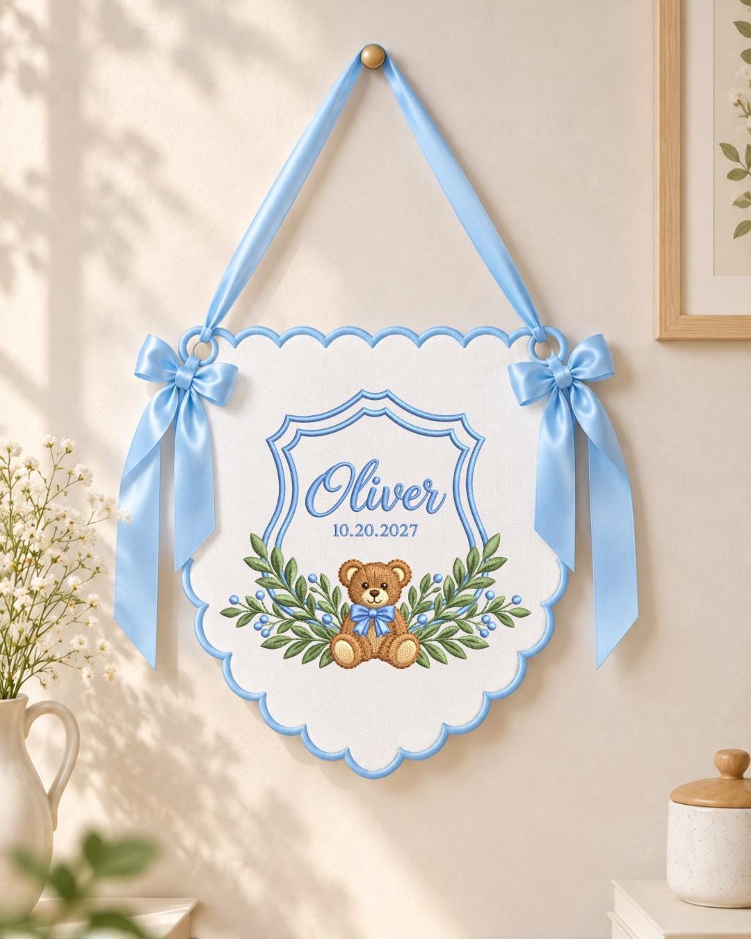 Personalized Teddy Bear Baby Name Embroidered Banner, Custom Birth Date Nursery Wall Hanging, Baby Boy Girl Name Sign, Newborn Baby Shower