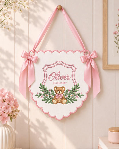 Personalized Teddy Bear Baby Name Embroidered Banner, Custom Birth Date Nursery Wall Hanging, Baby Boy Girl Name Sign, Newborn Baby Shower
