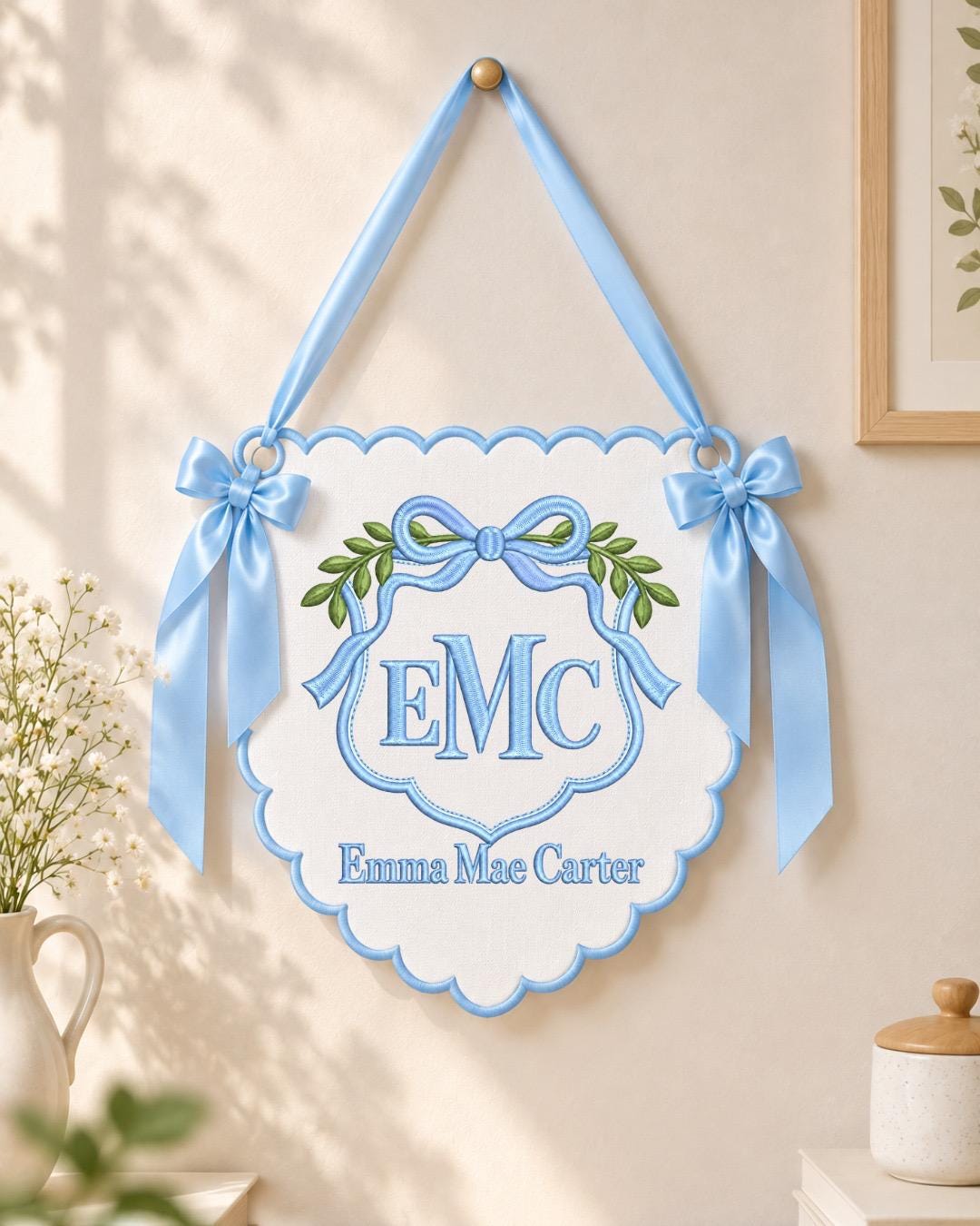Personalized Monogram Baby Name Embroidered Banner, Custom Bow Initial Nursery Wall Hanging, Baby Girl Boy Name Sign, Newborn Shower Gift