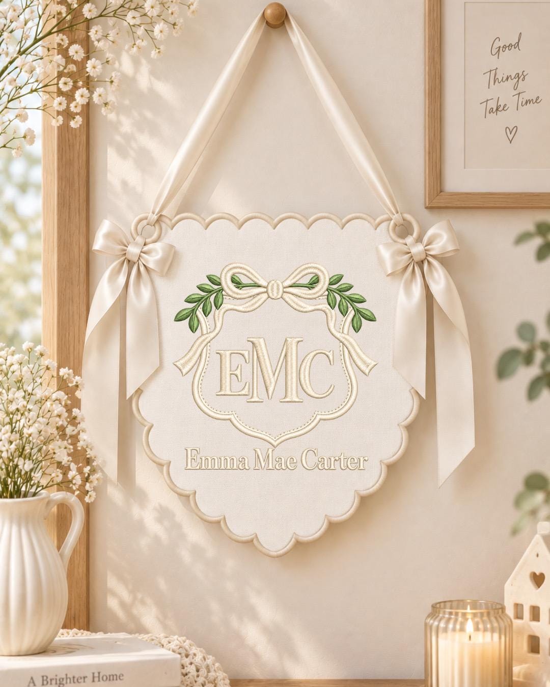 Personalized Monogram Baby Name Embroidered Banner, Custom Bow Initial Nursery Wall Hanging, Baby Girl Boy Name Sign, Newborn Shower Gift