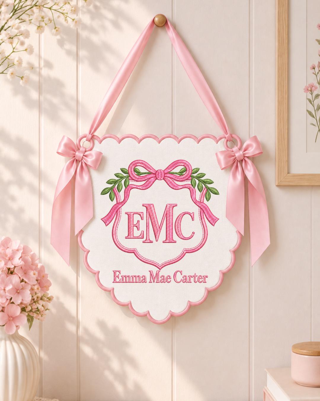 Personalized Monogram Baby Name Embroidered Banner, Custom Bow Initial Nursery Wall Hanging, Baby Girl Boy Name Sign, Newborn Shower Gift
