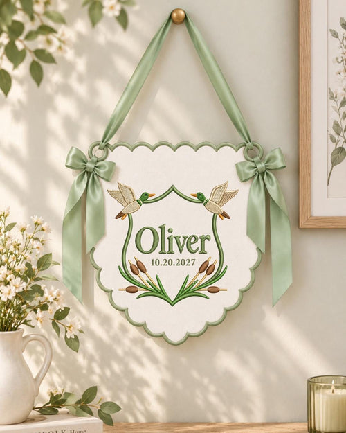 Personalized Duck Embroidered Baby Name Banner, Custom Mallard Nursery Wall Hanging, Baby Boy Name Sign, Woodland Baby Shower Gift