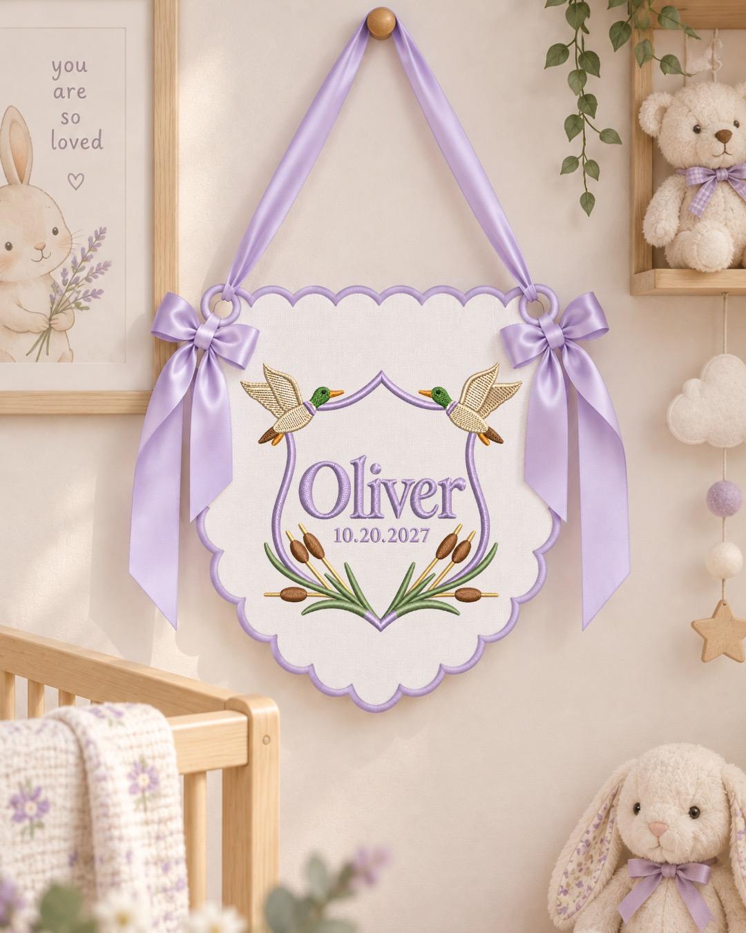 Personalized Duck Embroidered Baby Name Banner, Custom Mallard Nursery Wall Hanging, Baby Boy Name Sign, Woodland Baby Shower Gift