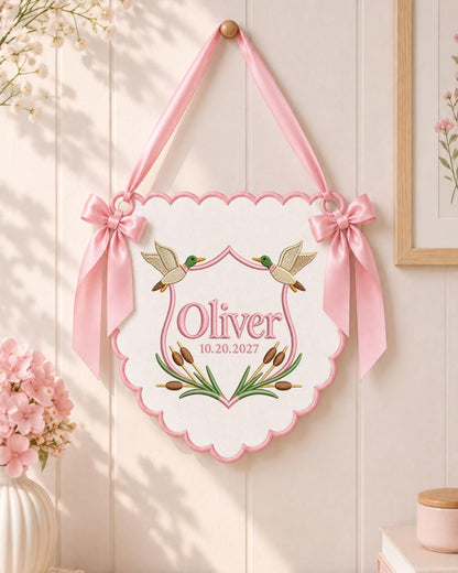 Personalized Duck Embroidered Baby Name Banner, Custom Mallard Nursery Wall Hanging, Baby Boy Name Sign, Woodland Baby Shower Gift