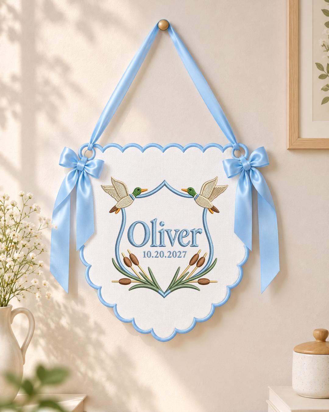 Personalized Duck Embroidered Baby Name Banner, Custom Mallard Nursery Wall Hanging, Baby Boy Name Sign, Woodland Baby Shower Gift