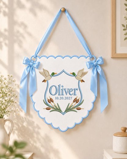Personalized Duck Embroidered Baby Name Banner, Custom Mallard Nursery Wall Hanging, Baby Boy Name Sign, Woodland Baby Shower Gift