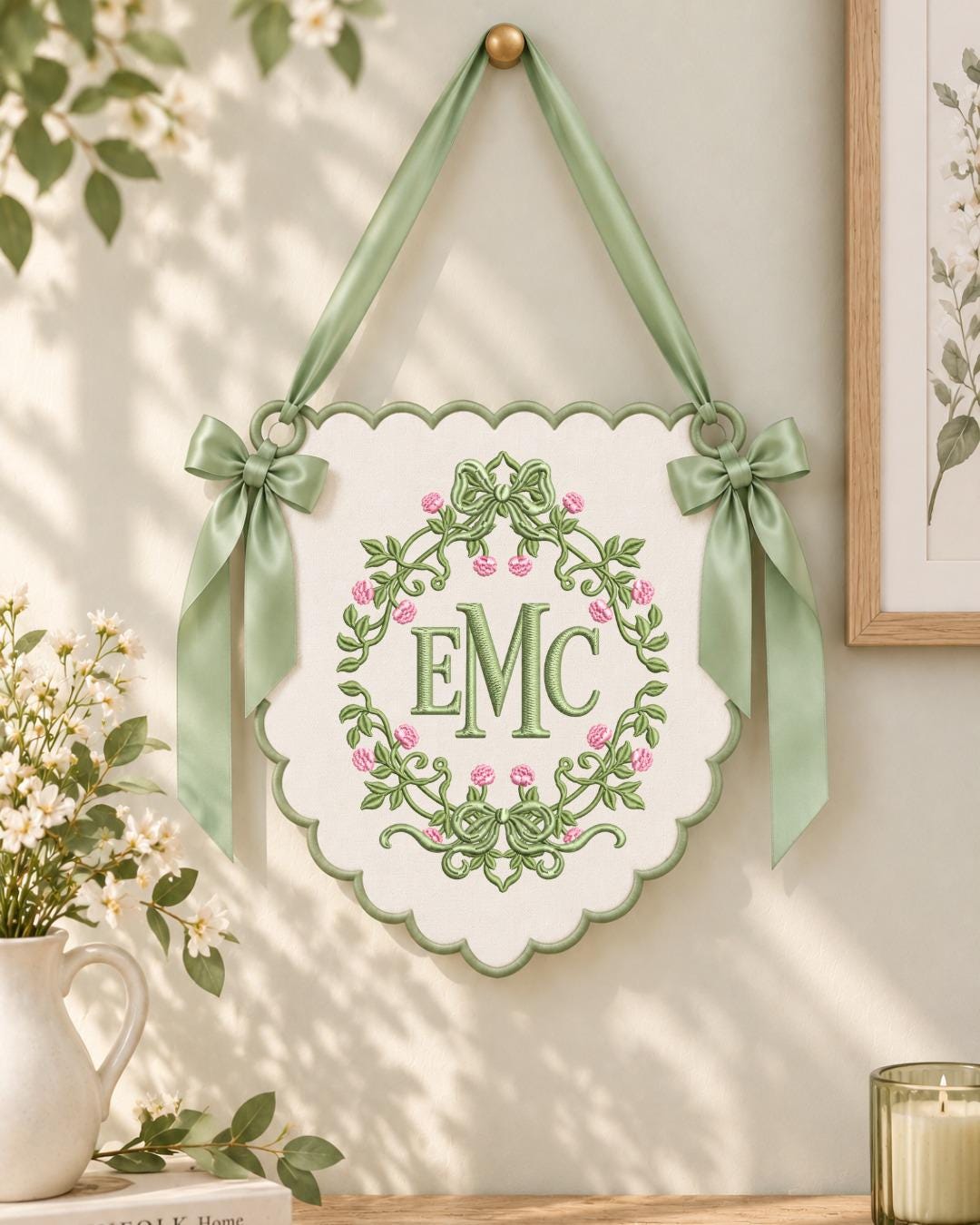 Personalized Floral Monogram Embroidered Banner, Custom Initial Nursery Wall Hanging, Bow Baby Name Sign, Baby Shower Gift