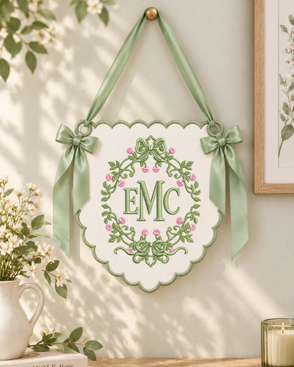 Personalized Floral Monogram Embroidered Banner, Custom Initial Nursery Wall Hanging, Bow Baby Name Sign, Baby Shower Gift