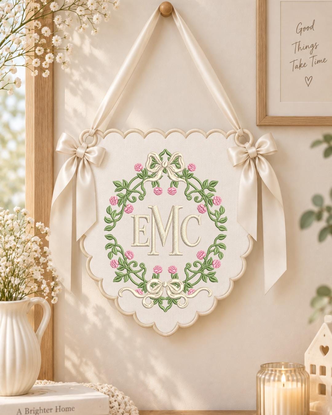 Personalized Floral Monogram Embroidered Banner, Custom Initial Nursery Wall Hanging, Bow Baby Name Sign, Baby Shower Gift