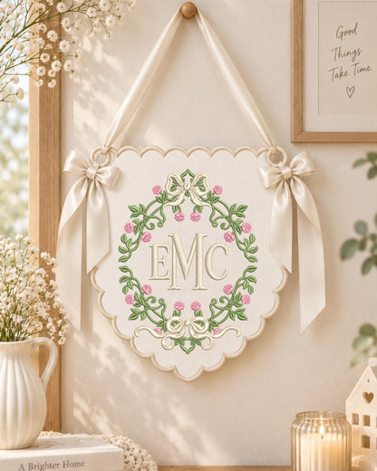 Personalized Floral Monogram Embroidered Banner, Custom Initial Nursery Wall Hanging, Bow Baby Name Sign, Baby Shower Gift