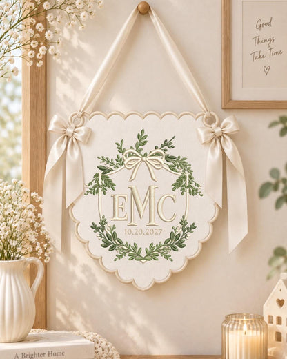 Personalized Floral Monogram Embroidered Banner, Custom Initial and Date Wall Hanging, Botanical Bow Nursery Decor, Baby Shower Gift
