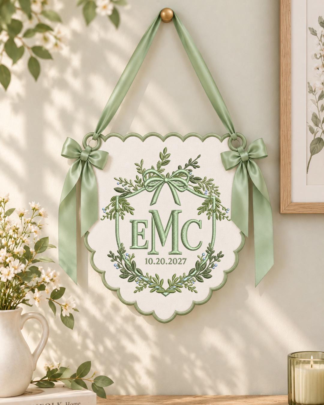 Personalized Floral Monogram Embroidered Banner, Custom Initial and Date Wall Hanging, Botanical Bow Nursery Decor, Baby Shower Gift