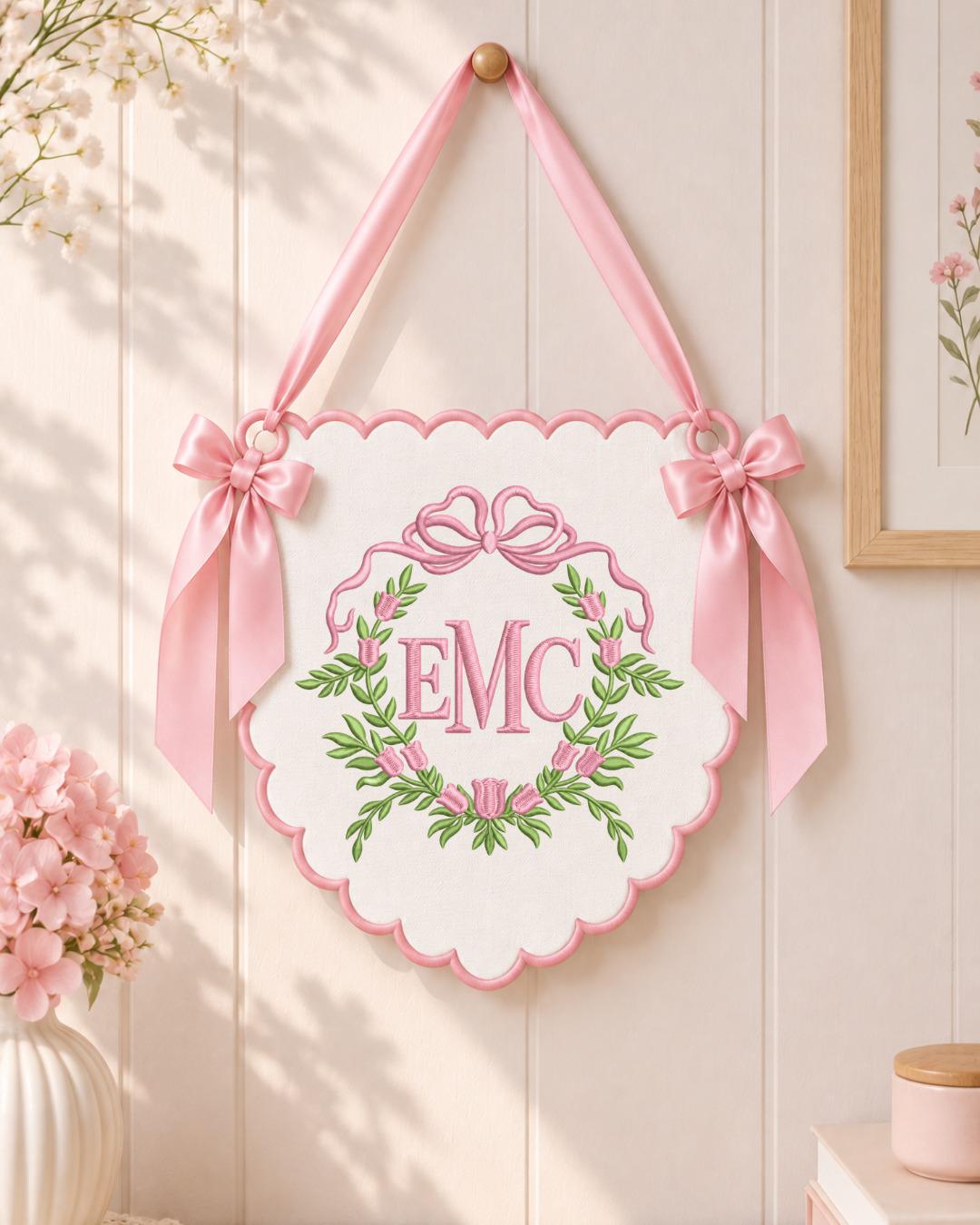Personalized Floral Monogram Embroidered Banner, Custom Initial Baby Name Wall Hanging, Bow Nursery Decor, Baby Girl Boy Shower Gift