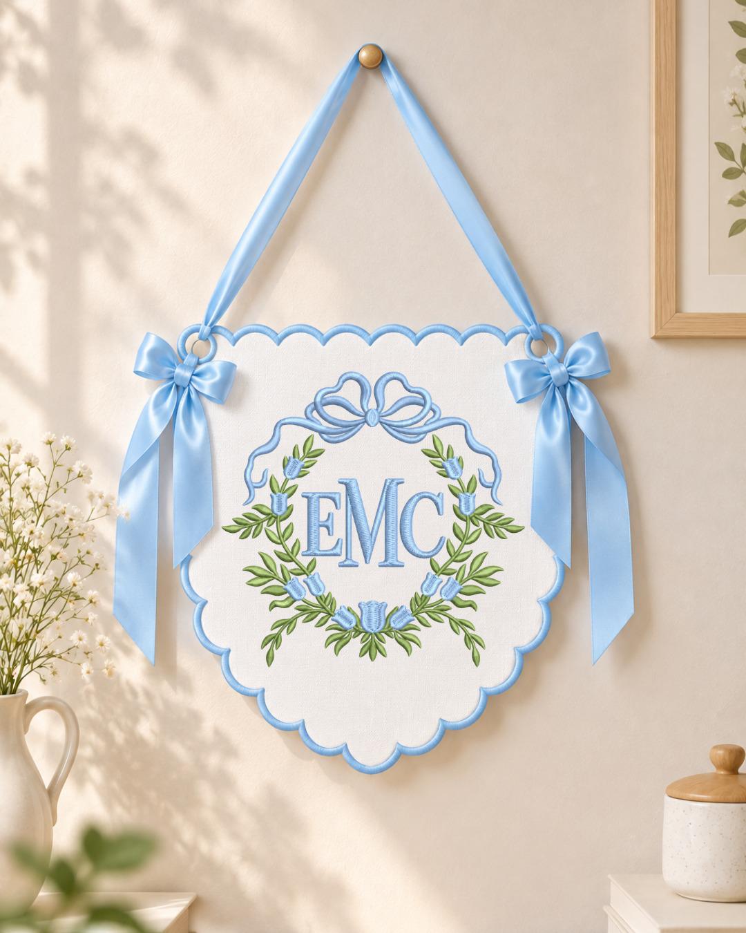 Personalized Floral Monogram Embroidered Banner, Custom Initial Baby Name Wall Hanging, Bow Nursery Decor, Baby Girl Boy Shower Gift