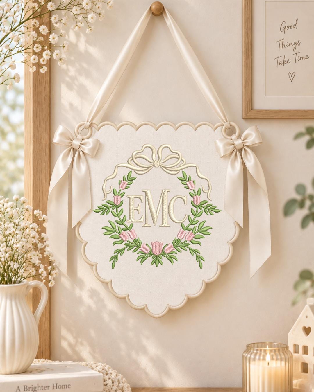 Personalized Floral Monogram Embroidered Banner, Custom Initial Baby Name Wall Hanging, Bow Nursery Decor, Baby Girl Boy Shower Gift