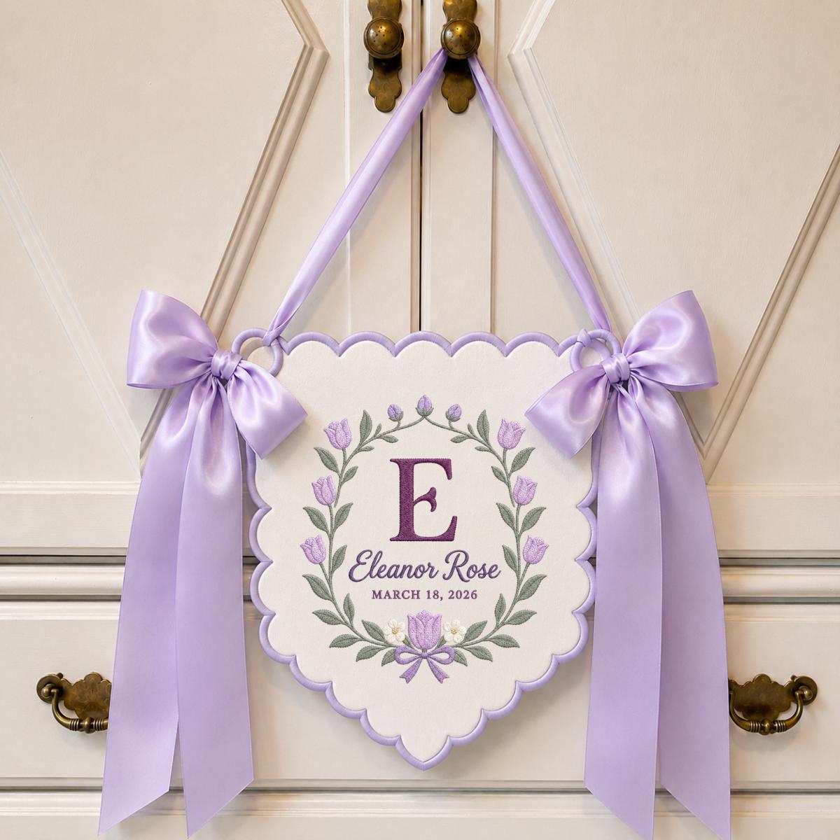 Personalized Floral Monogram Banner Eleanor Rose Name Wall Hanging Purple Tulip Decor Custom Initial Gift