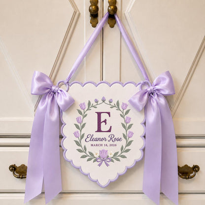 Personalized Floral Monogram Banner Eleanor Rose Name Wall Hanging Purple Tulip Decor Custom Initial Gift