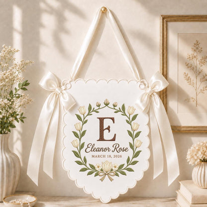 Personalized Floral Monogram Banner Eleanor Rose Name Wall Hanging Purple Tulip Decor Custom Initial Gift