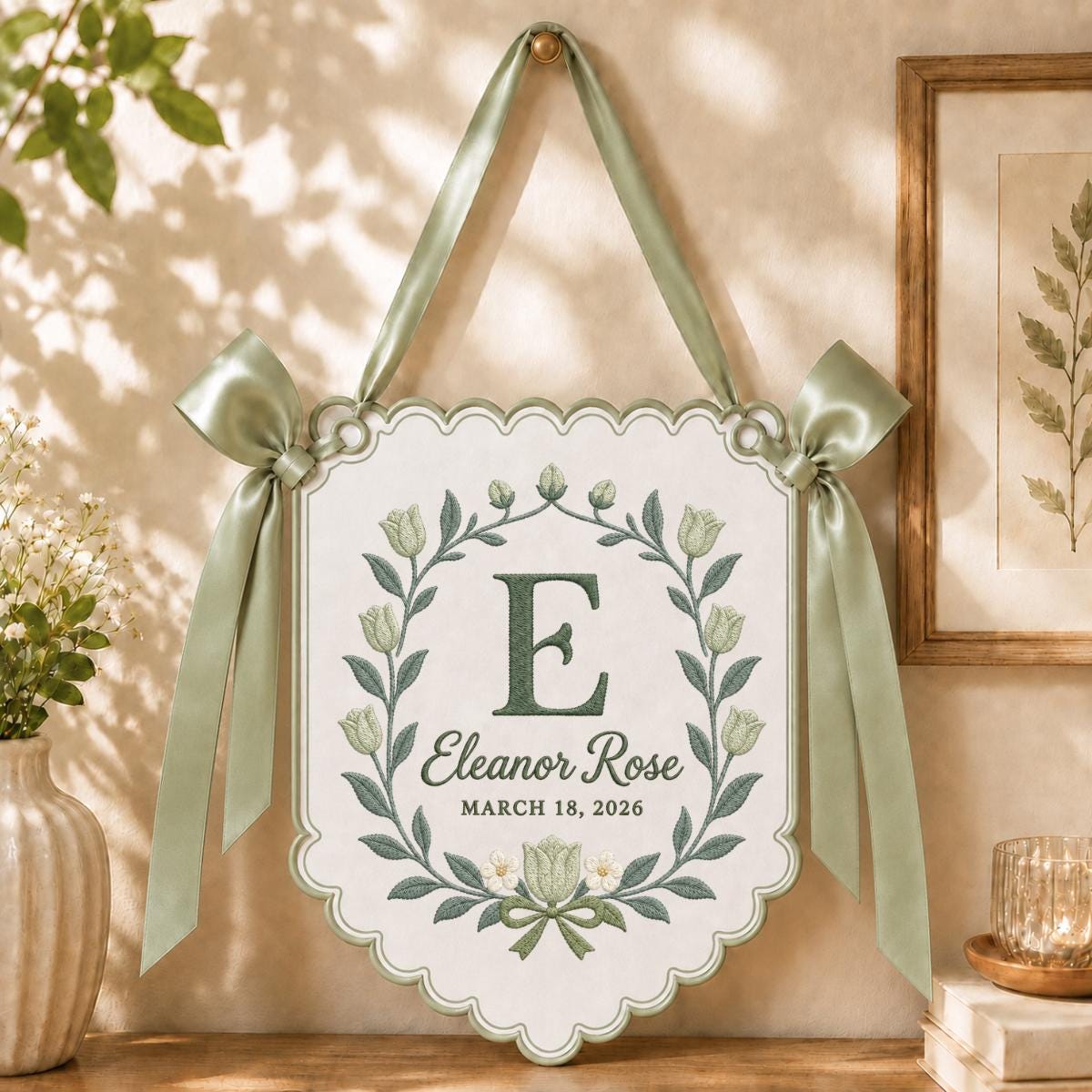 Personalized Floral Monogram Banner Eleanor Rose Name Wall Hanging Purple Tulip Decor Custom Initial Gift