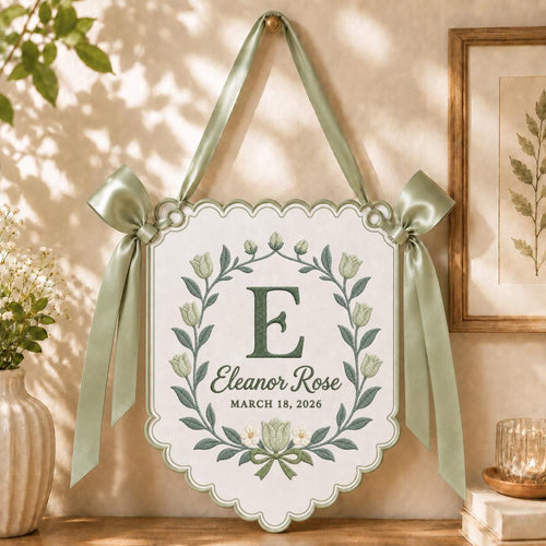 Personalized Floral Monogram Banner Eleanor Rose Name Wall Hanging Purple Tulip Decor Custom Initial Gift