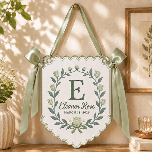 Personalized Floral Monogram Banner Eleanor Rose Name Wall Hanging Purple Tulip Decor Custom Initial Gift