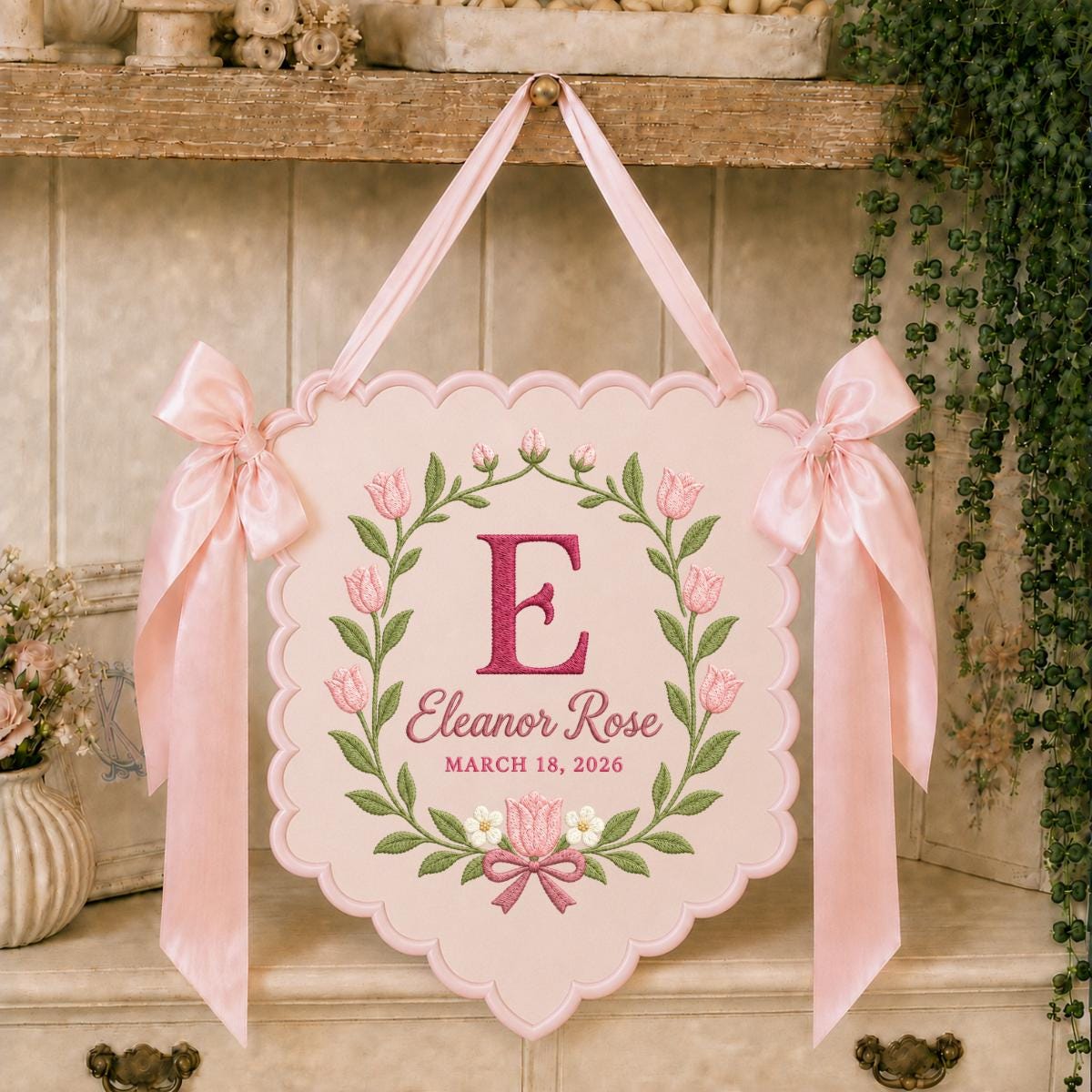 Personalized Floral Monogram Banner Eleanor Rose Name Wall Hanging Purple Tulip Decor Custom Initial Gift