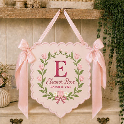 Personalized Floral Monogram Banner Eleanor Rose Name Wall Hanging Purple Tulip Decor Custom Initial Gift