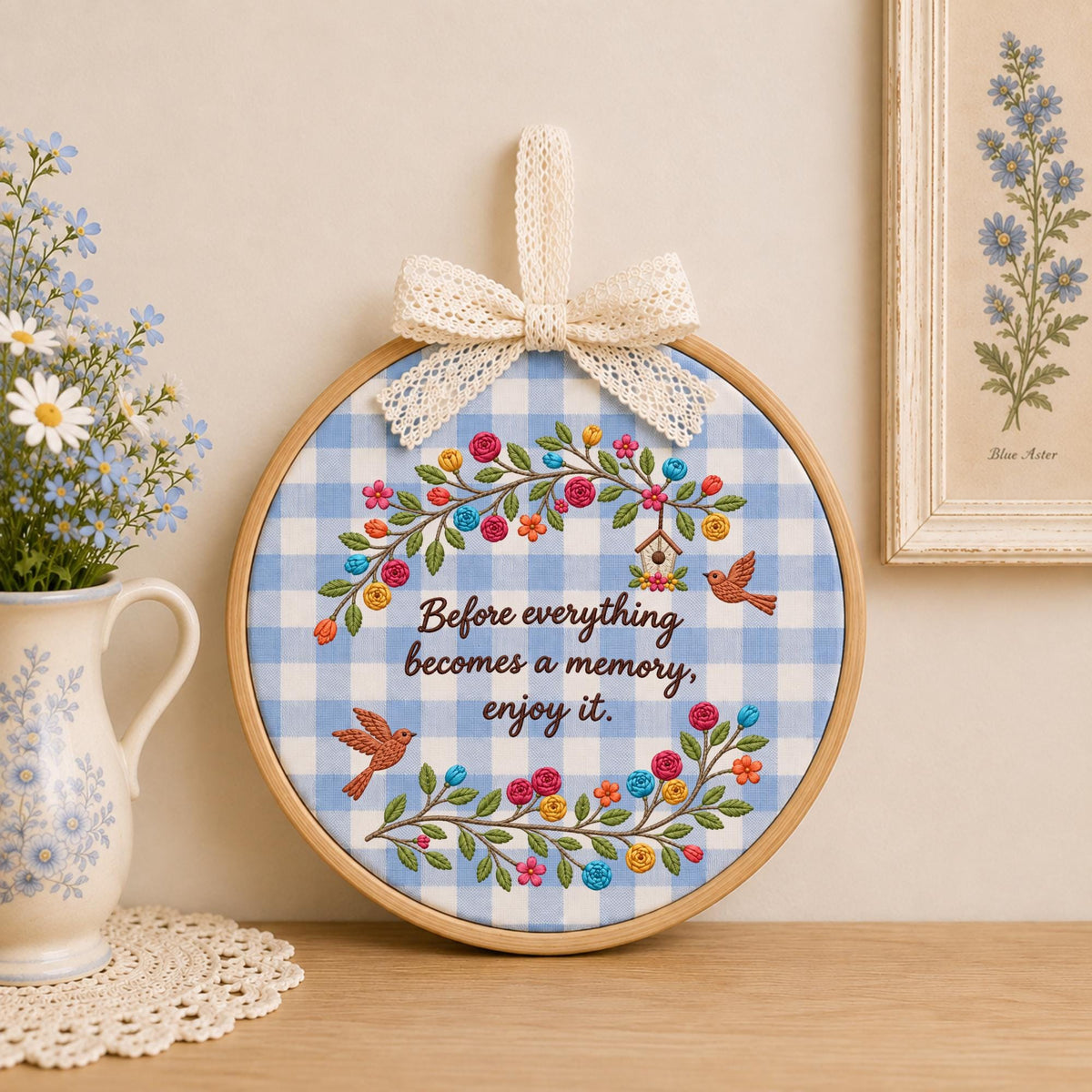 Personalized Floral Quote Embroidered Ornament, Inspirational Memory Keepsake, Bird & Flower Decor, Meaningful Gift for Her
