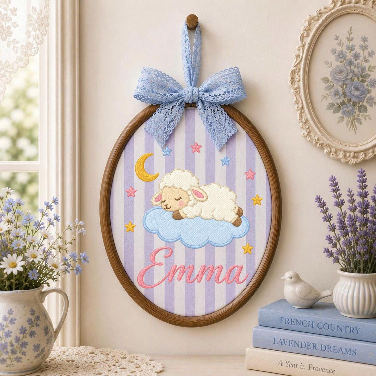 Personalized Sleeping Lamb Embroidered Ornament, Custom Baby Name Nursery Decor, Moon Stars Baby Girl Keepsake, Newborn Gift
