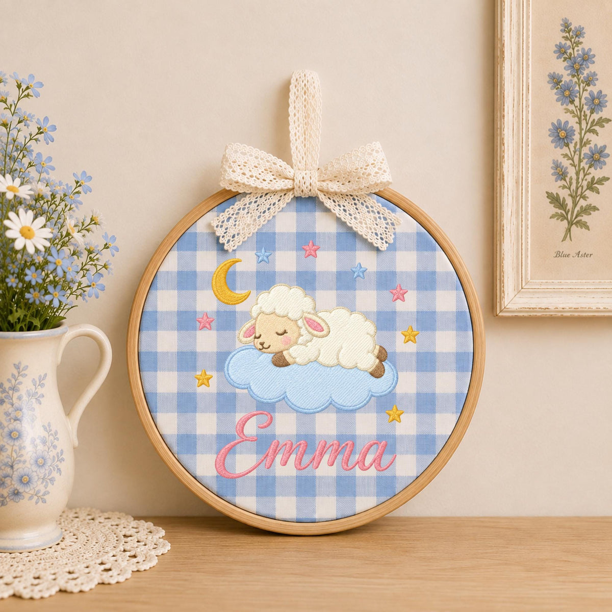 Personalized Sleeping Lamb Embroidered Ornament, Custom Baby Name Nursery Decor, Moon Stars Baby Girl Keepsake, Newborn Gift