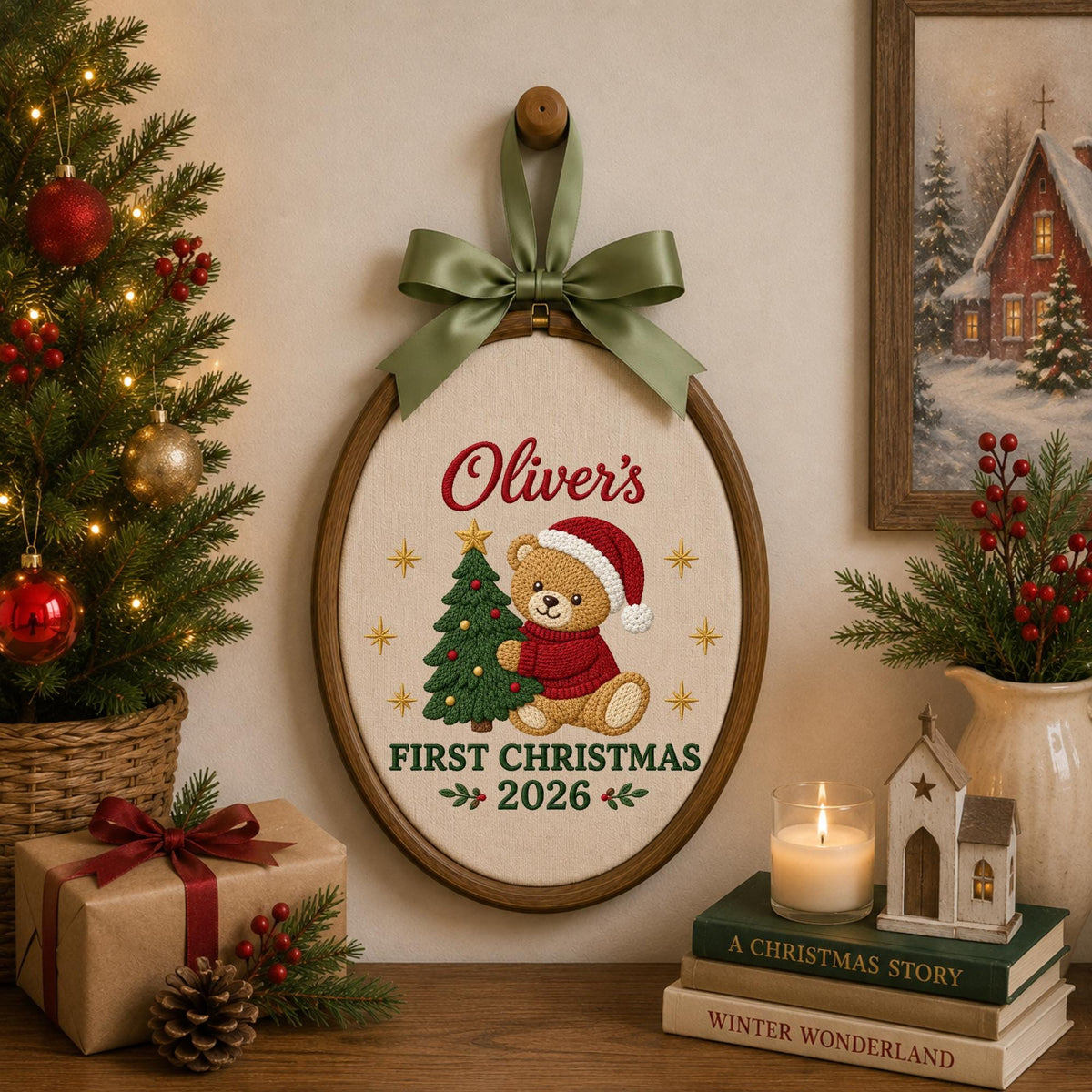 Personalized First Christmas Embroidered Ornament, Baby Name Teddy Bear Christmas Keepsake, Custom 1st Christmas Nursery Gift