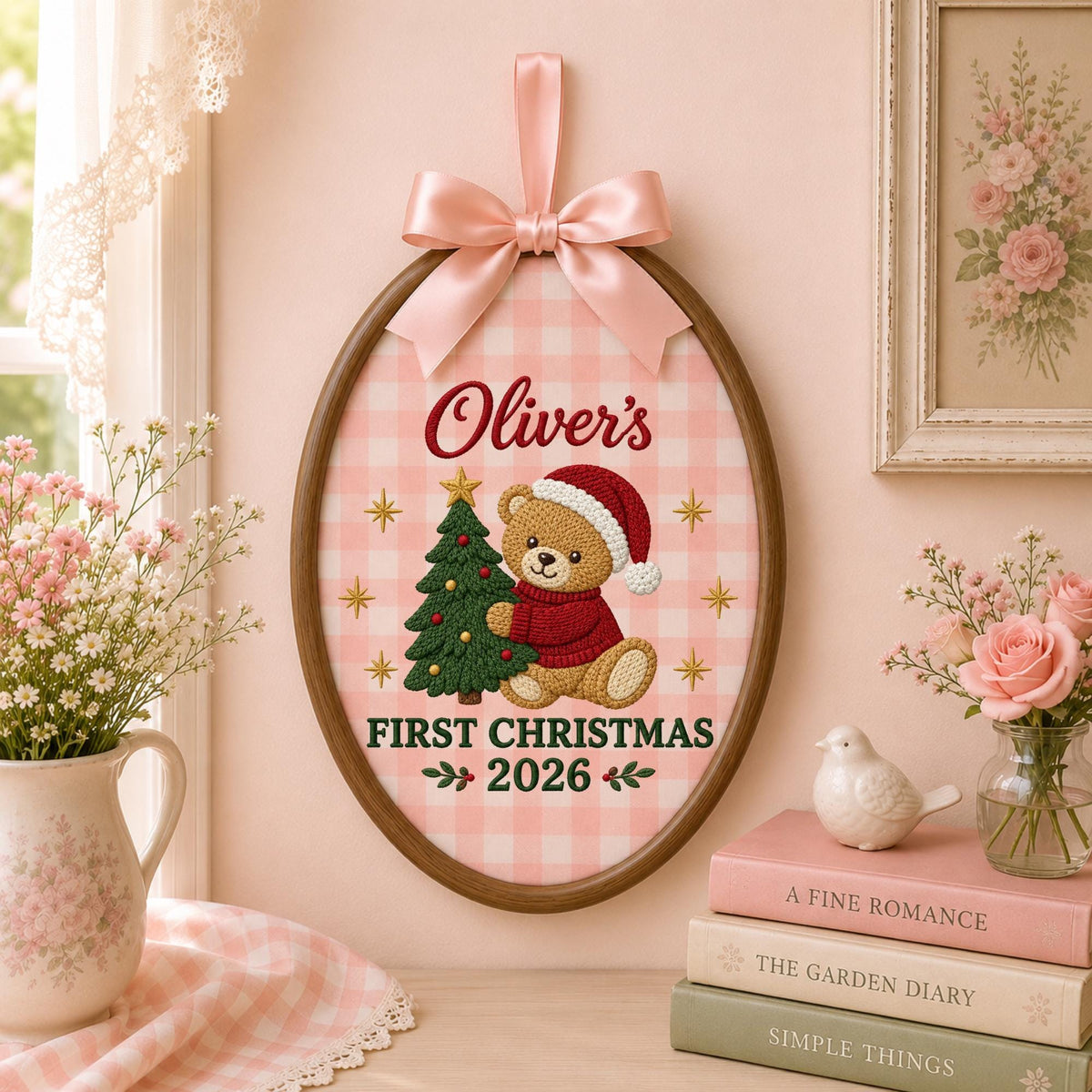 Personalized First Christmas Embroidered Ornament, Baby Name Teddy Bear Christmas Keepsake, Custom 1st Christmas Nursery Gift