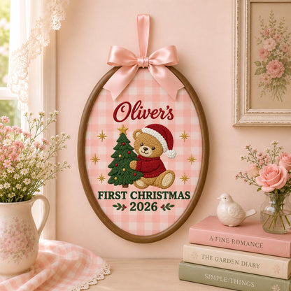 Personalized First Christmas Embroidered Ornament, Baby Name Teddy Bear Christmas Keepsake, Custom 1st Christmas Nursery Gift