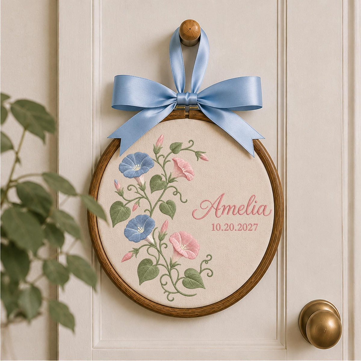 Personalized Morning Glory Embroidered Ornament, Custom Floral Baby Name Sign, Birth Flower Nursery Decor, Baby Girl Keepsake Gift