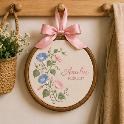 Personalized Morning Glory Embroidered Ornament, Custom Floral Baby Name Sign, Birth Flower Nursery Decor, Baby Girl Keepsake Gift