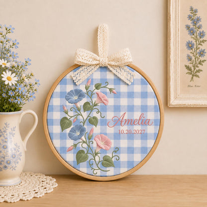 Personalized Morning Glory Embroidered Ornament, Custom Floral Baby Name Sign, Birth Flower Nursery Decor, Baby Girl Keepsake Gift