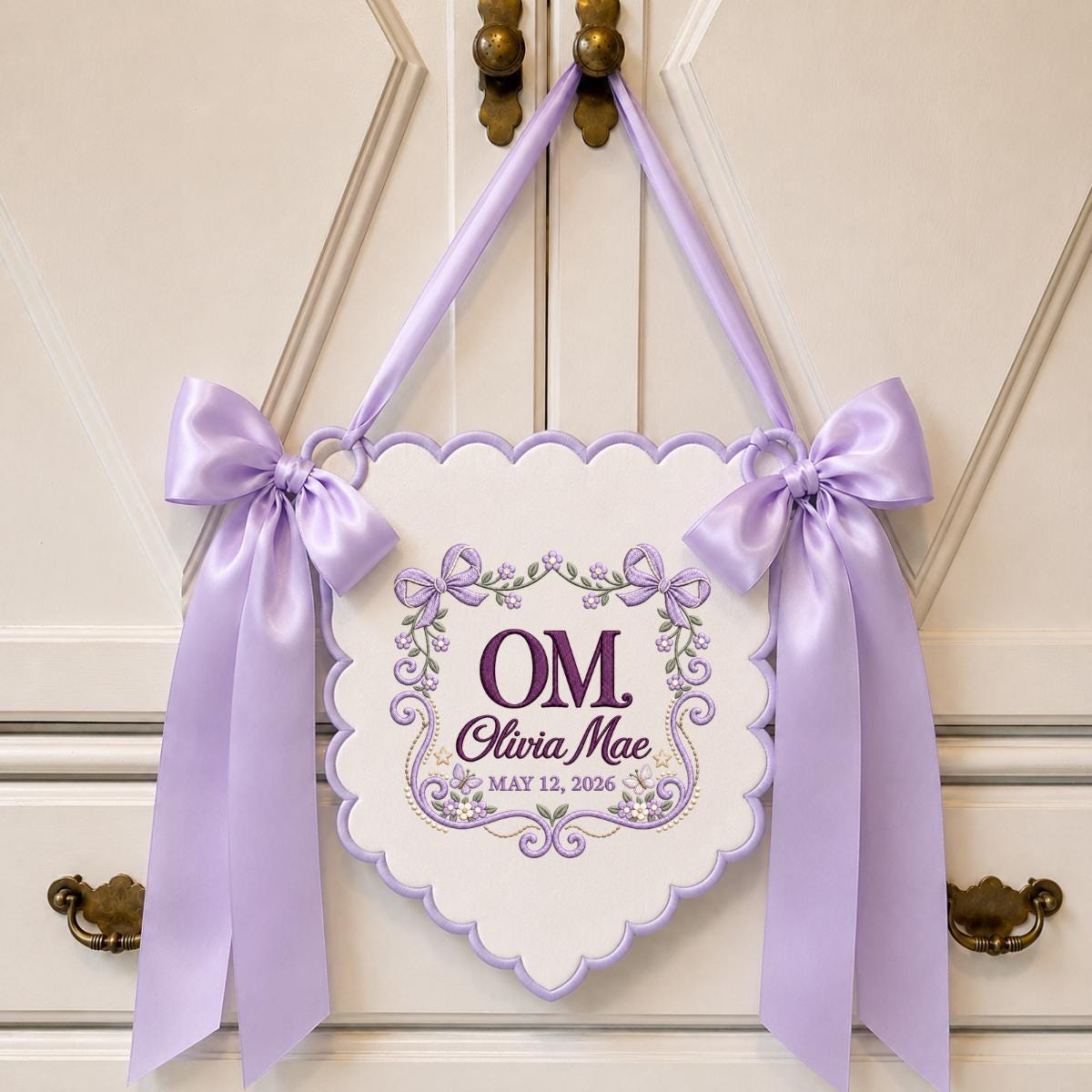 Personalized Monogram Banner Olivia Mae Name Wall Hanging Lavender Bow Decor Custom Initial Baby Girl Keepsake Gift