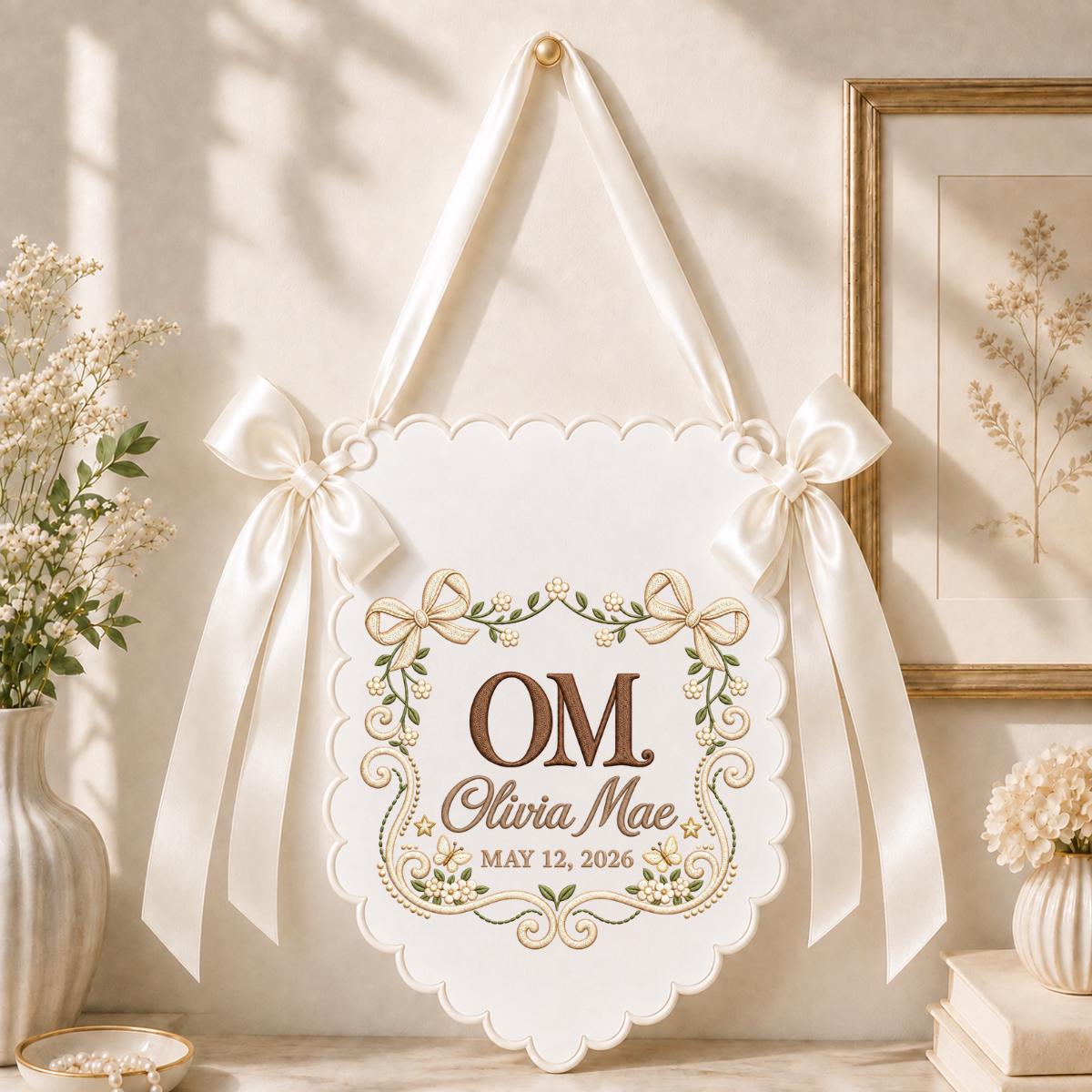 Personalized Monogram Banner Olivia Mae Name Wall Hanging Lavender Bow Decor Custom Initial Baby Girl Keepsake Gift