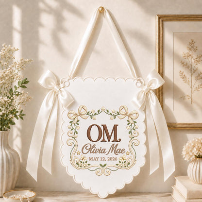 Personalized Monogram Banner Olivia Mae Name Wall Hanging Lavender Bow Decor Custom Initial Baby Girl Keepsake Gift