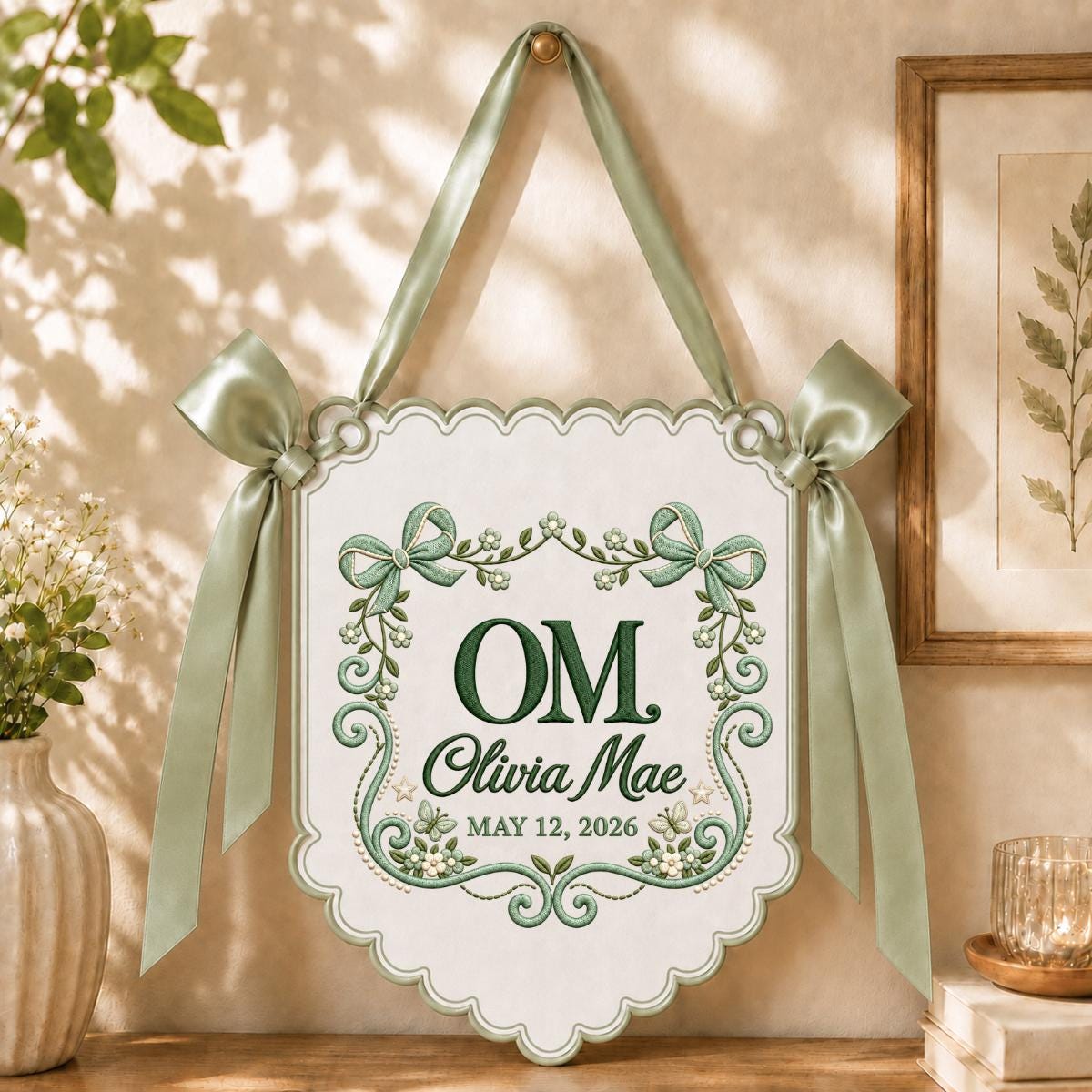 Personalized Monogram Banner Olivia Mae Name Wall Hanging Lavender Bow Decor Custom Initial Baby Girl Keepsake Gift