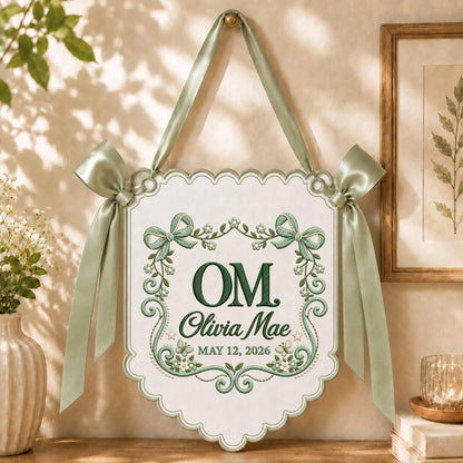 Personalized Monogram Banner Olivia Mae Name Wall Hanging Lavender Bow Decor Custom Initial Baby Girl Keepsake Gift