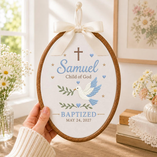Personalized Baptism Embroidered Ornament, Custom Child of God Name Keepsake, Dove Cross Christening Gift, Baby Boy Baptism Decor