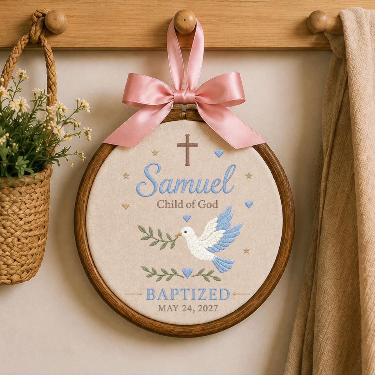 Personalized Baptism Embroidered Ornament, Custom Child of God Name Keepsake, Dove Cross Christening Gift, Baby Boy Baptism Decor
