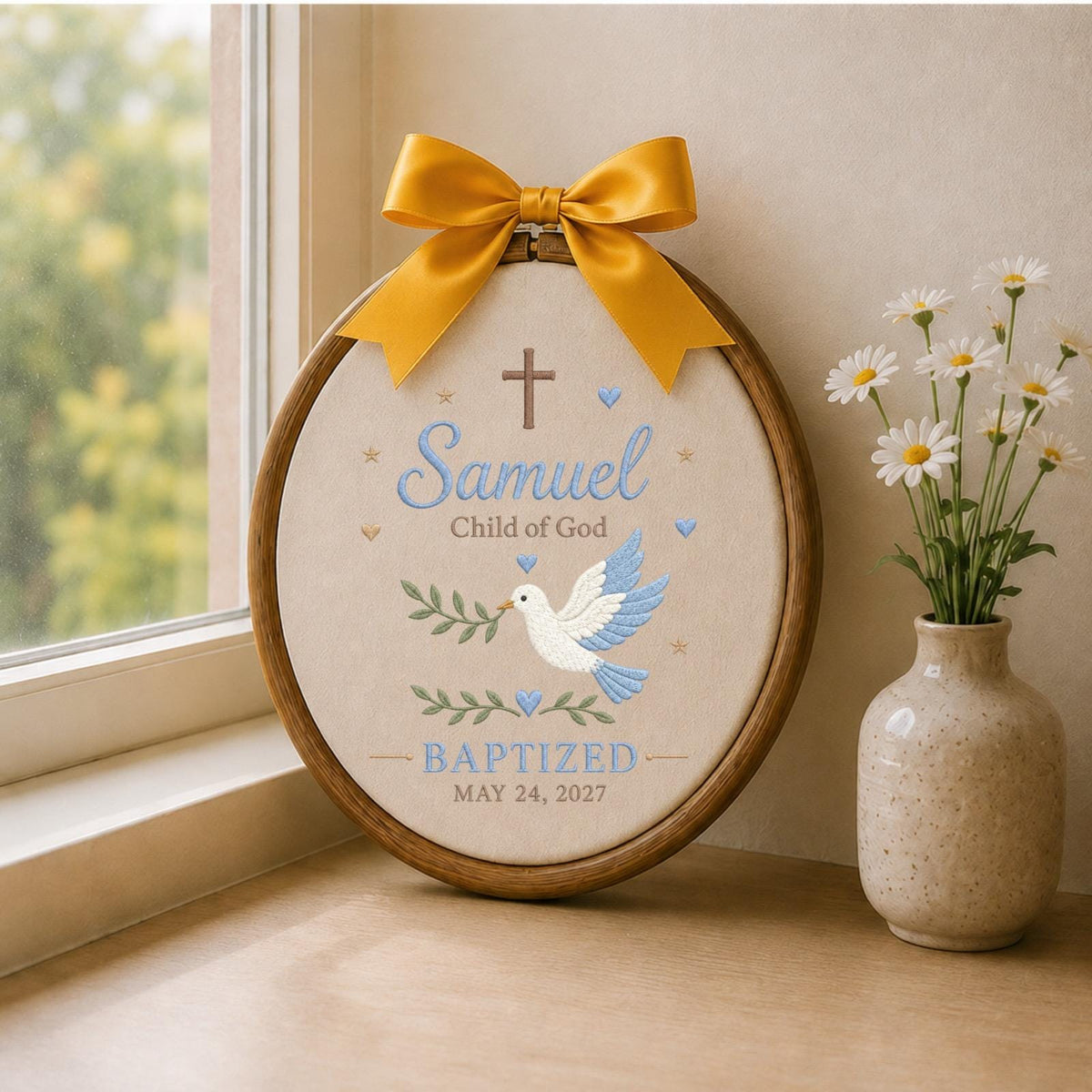 Personalized Baptism Embroidered Ornament, Custom Child of God Name Keepsake, Dove Cross Christening Gift, Baby Boy Baptism Decor