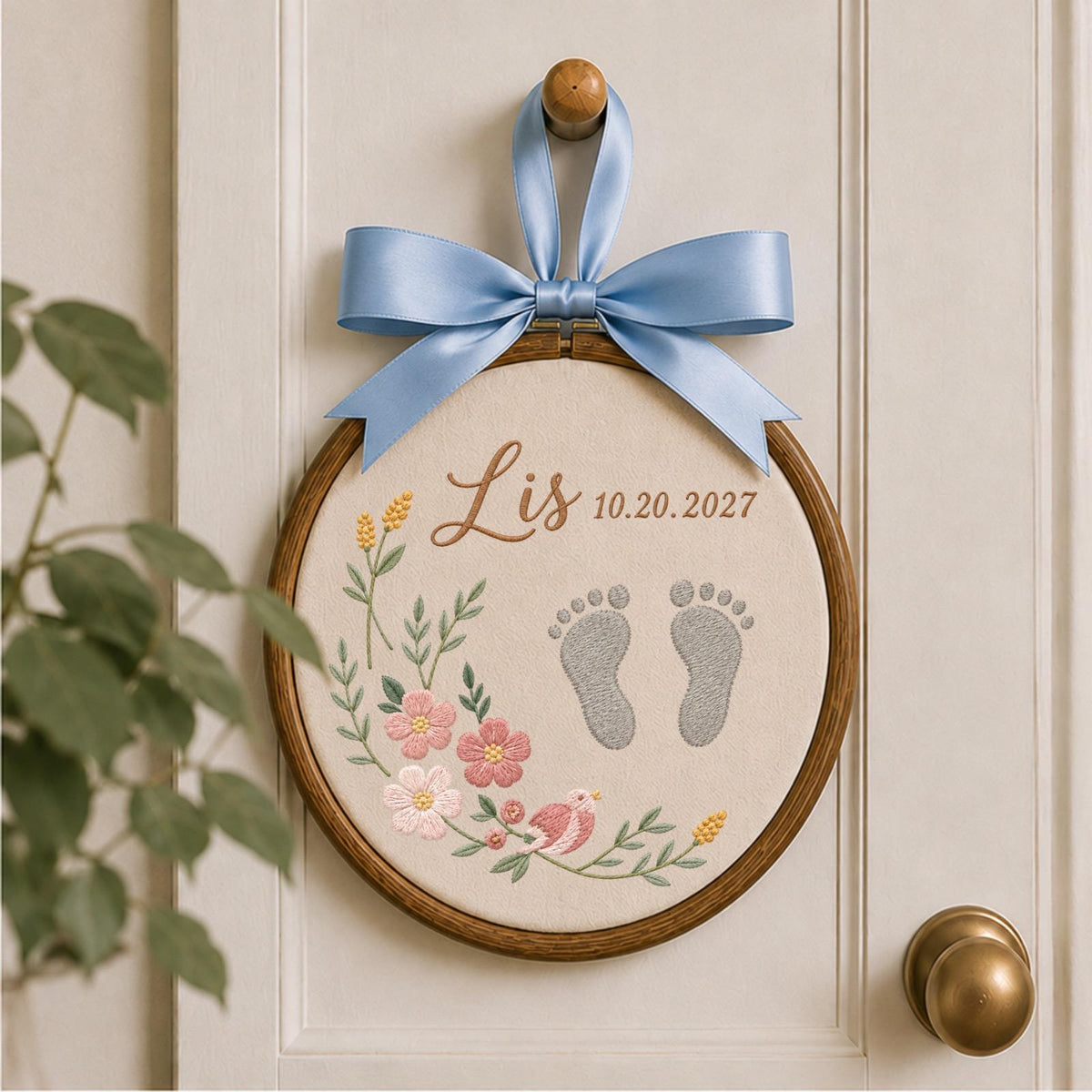 Personalized Baby Footprint Embroidered Ornament, Custom Baby Name Birth Keepsake, Floral Newborn Nursery Decor, Baby Shower Gift