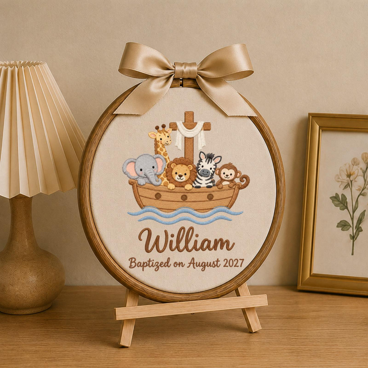 Personalized Noahs Ark Embroidered Ornament, Baptism Baby Name Keepsake, Christian Nursery Decor, Safari Animal Christening Gift