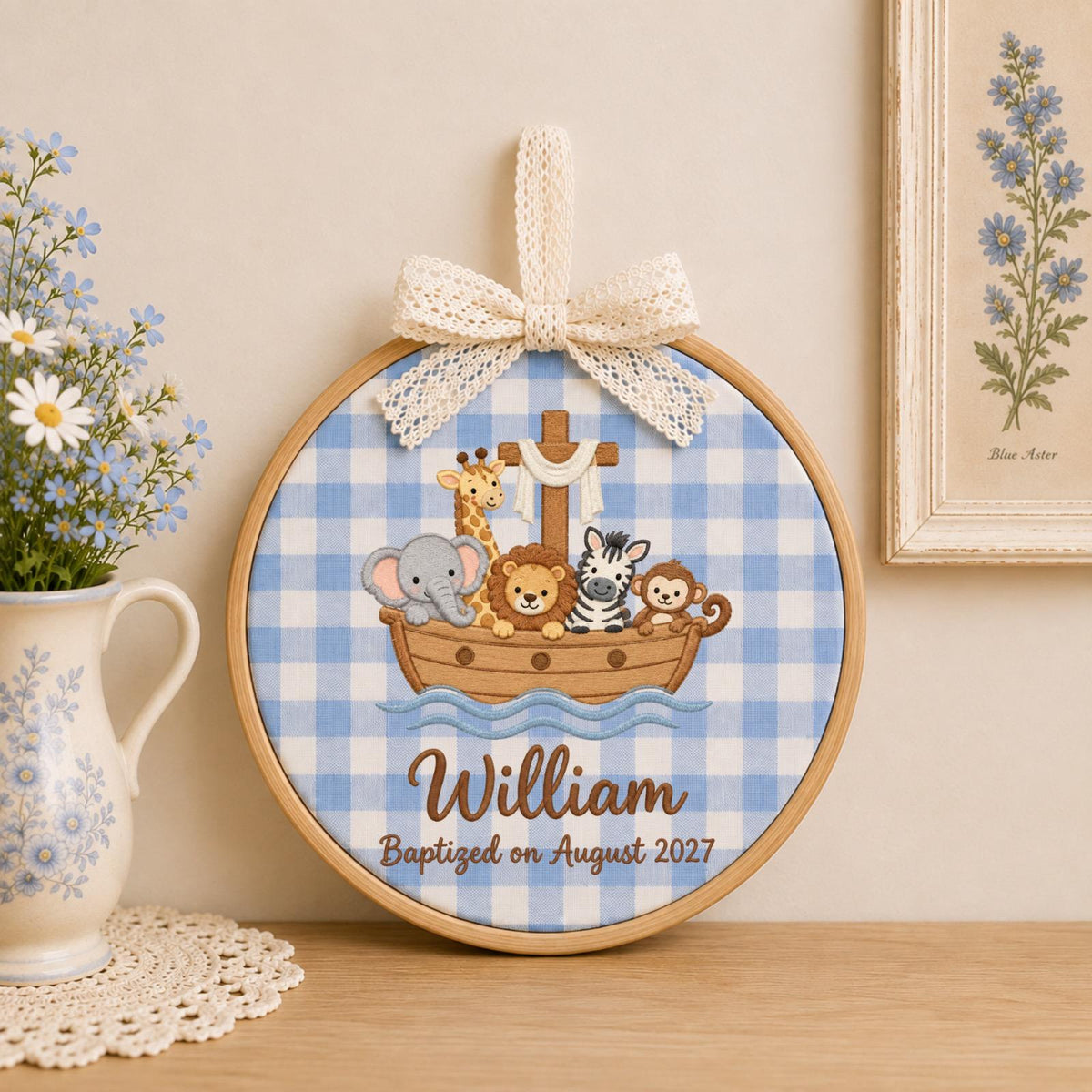 Personalized Noahs Ark Embroidered Ornament, Baptism Baby Name Keepsake, Christian Nursery Decor, Safari Animal Christening Gift