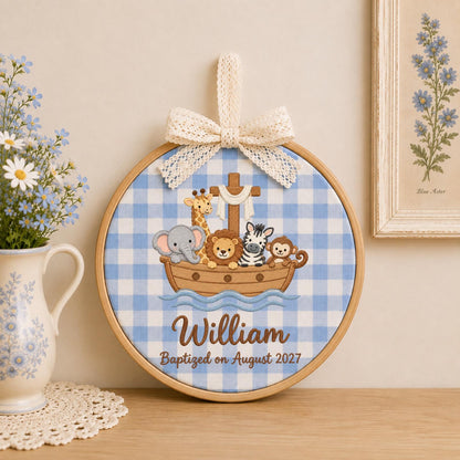 Personalized Noahs Ark Embroidered Ornament, Baptism Baby Name Keepsake, Christian Nursery Decor, Safari Animal Christening Gift