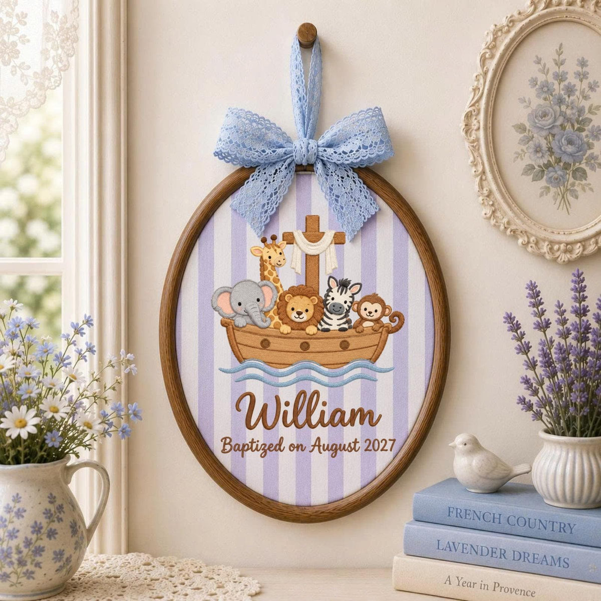 Personalized Noahs Ark Embroidered Ornament, Baptism Baby Name Keepsake, Christian Nursery Decor, Safari Animal Christening Gift